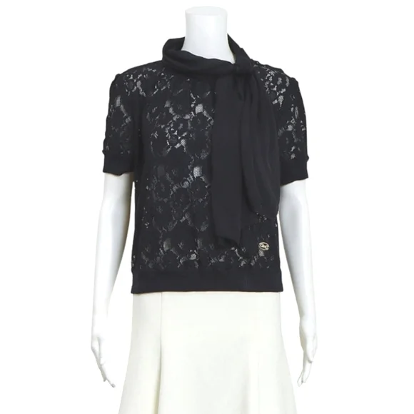 DOLCE & GABBANA Lace Blouse Bow Scarf Collar Tie Neck Black Short Sleeve Crop 44 - Picture 3 of 9